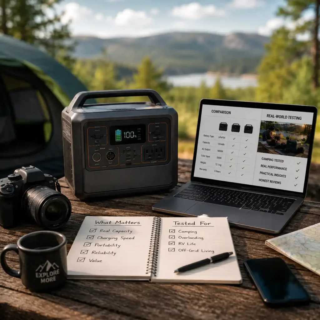 Portable power station, laptop, camera, and camping gear on a picnic table during an outdoor equipment evaluation at a mountain campsite.