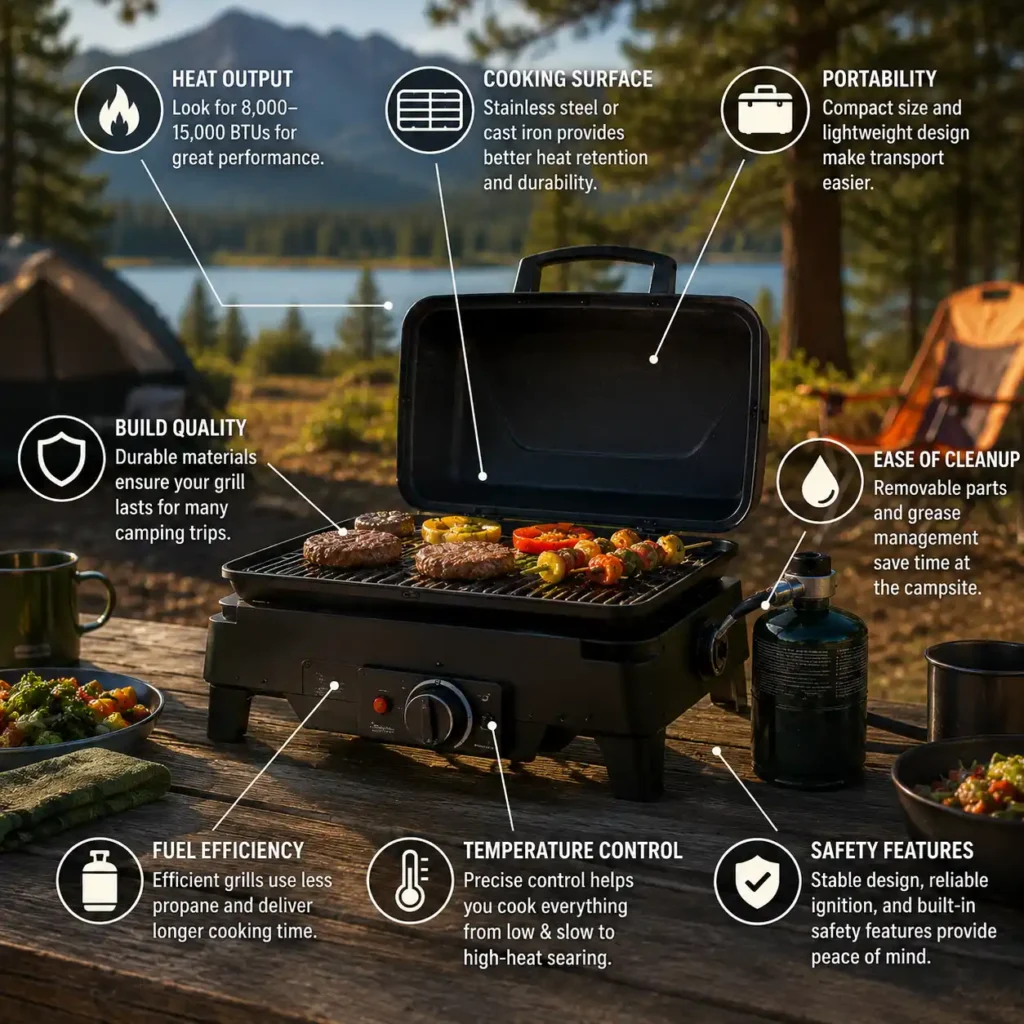 Key features to consider when choosing a portable camping gas grill, including heat output, portability, cooking surface, durability, cleanup, and safety.