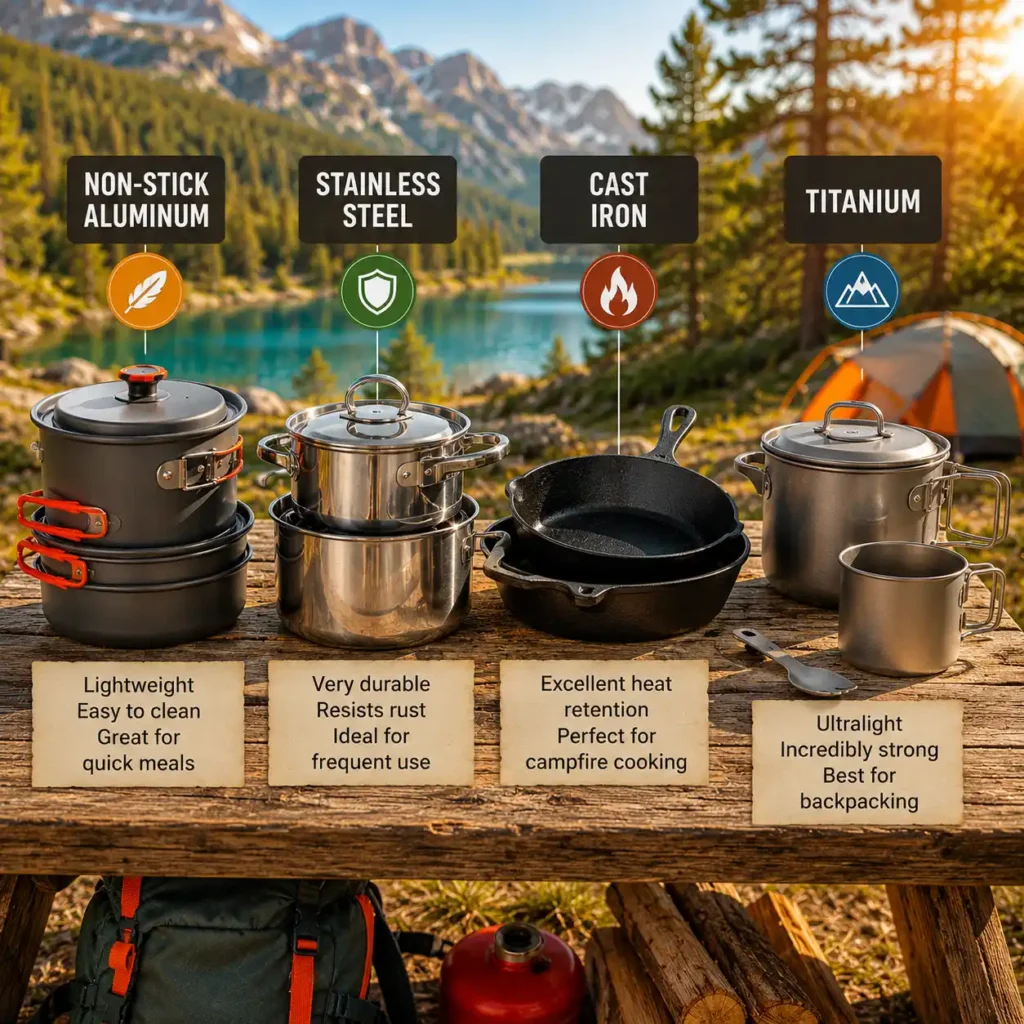 Comparison of different camping cookware materials including non-stick aluminum, stainless steel, cast iron, and titanium at a sunny mountain campsite.