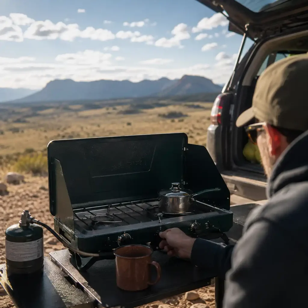 Man adjusting a propane camping stove during windy outdoor car camping conditions