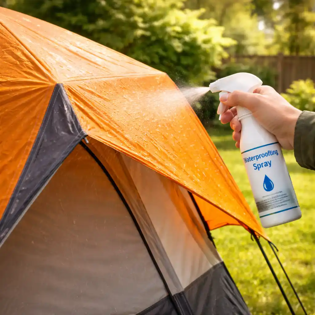 Spraying waterproofing treatment on a tent rainfly in the backyard