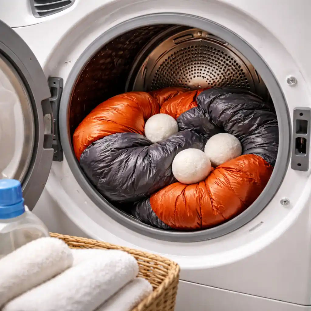 Drying a down sleeping bag in a machine with wool dryer balls to restore loft