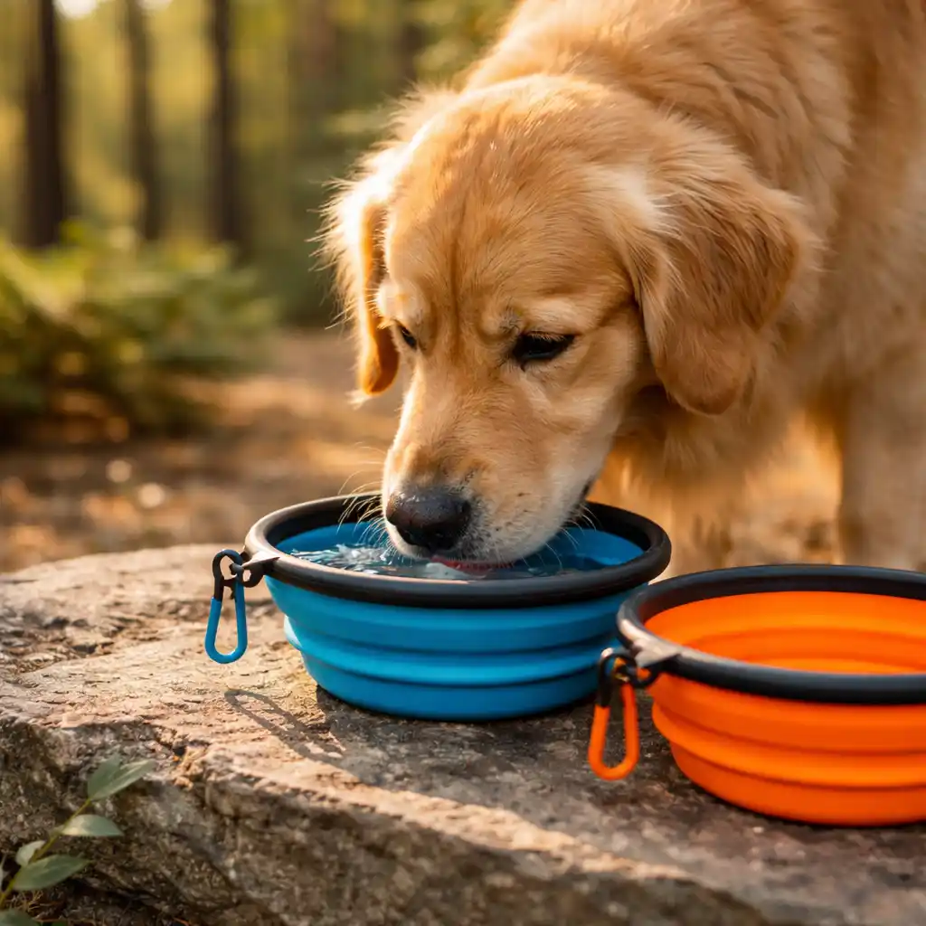 Golden Retriever drinking from a collapsible silicone travel bowl