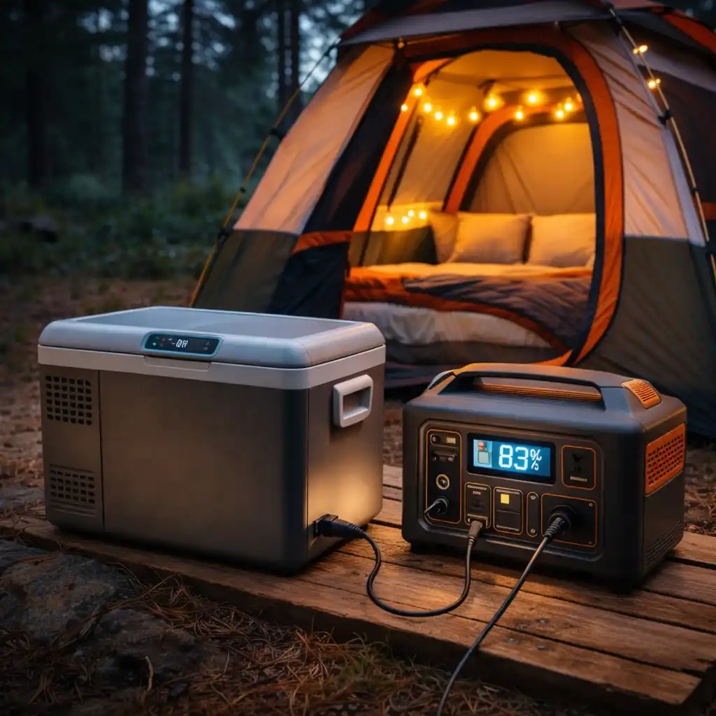 Running an electric camping cooler with a large portable power station