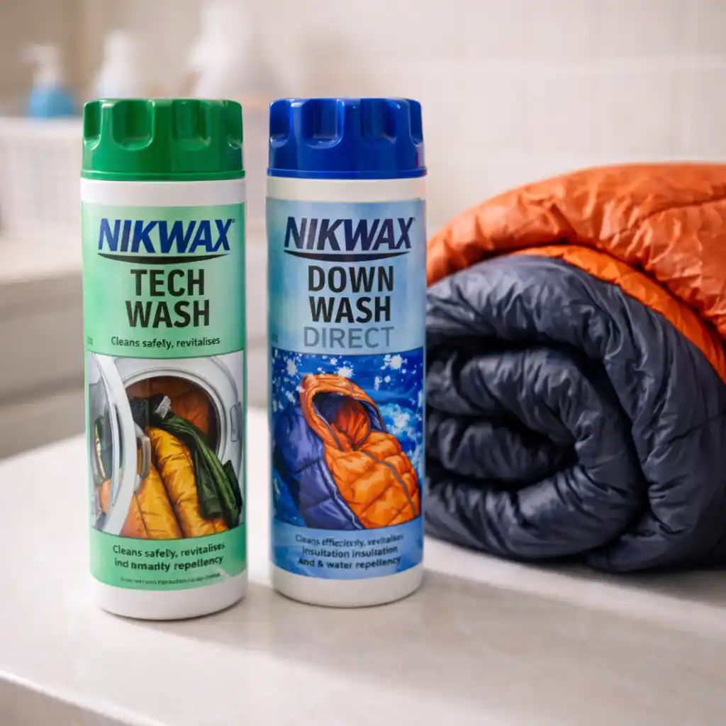Nikwax Tech Wash and Down Wash Direct for cleaning camping gear