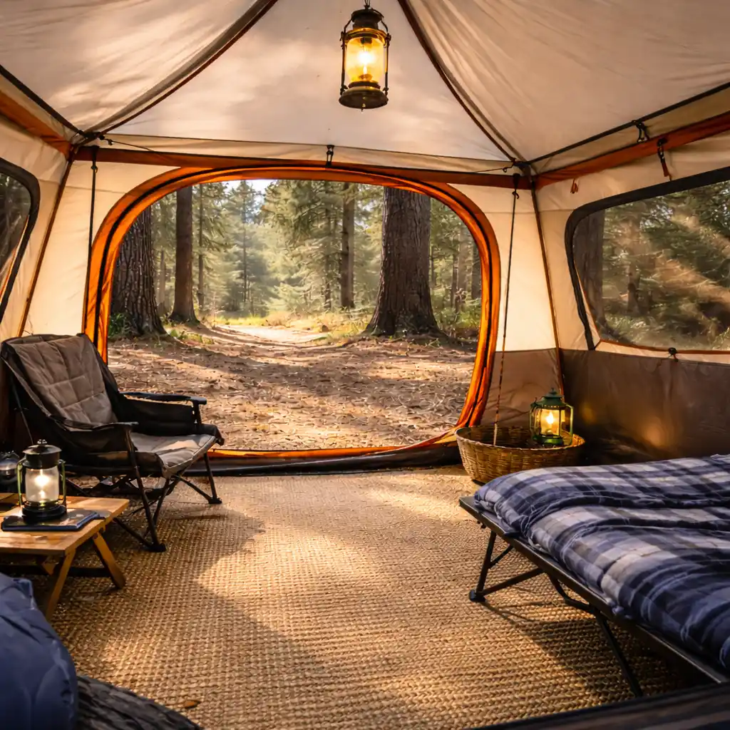 Interior of a cabin tent showing massive headroom and livable space