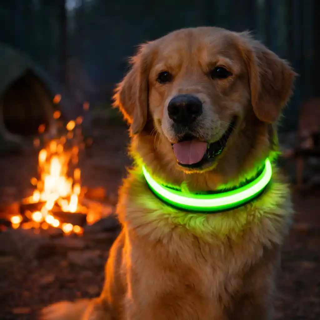 Golden Retriever wearing LED safety collar at night camping