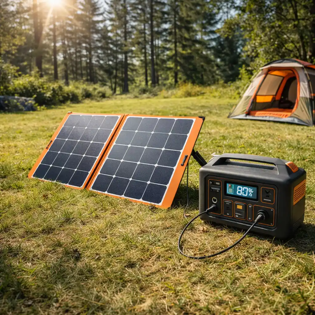 Recharging power station with portable solar panels at campsite