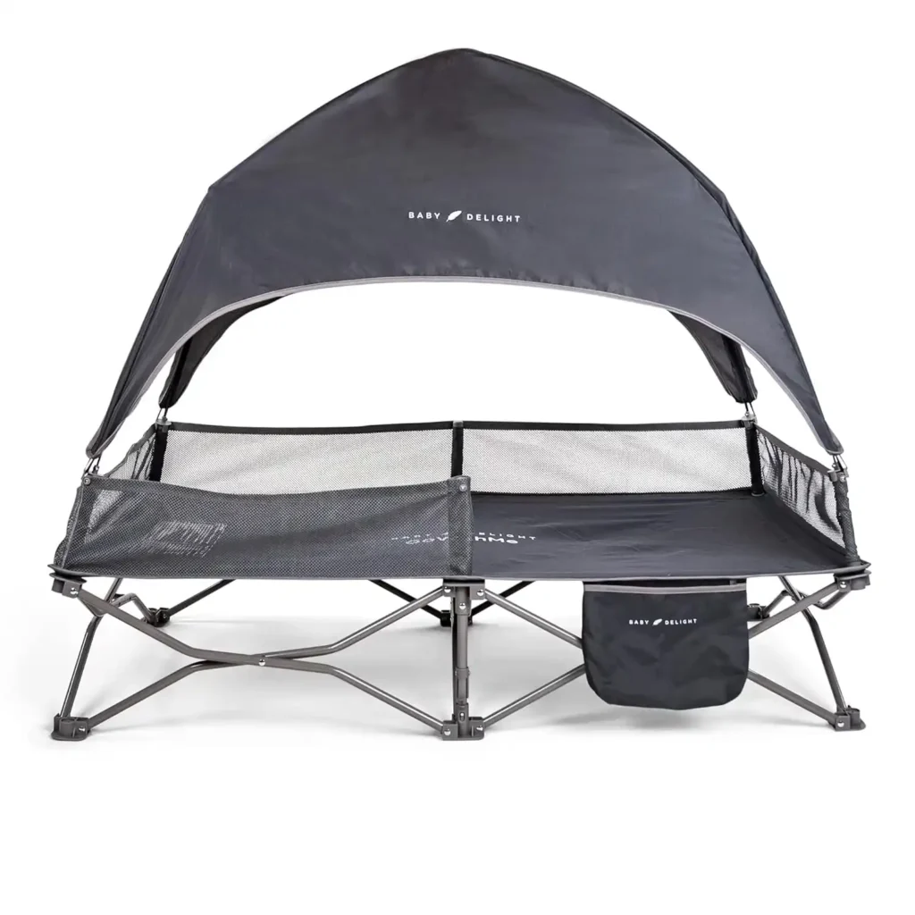Baby Delight Go with Me Bungalow grey portable toddler cot with sun canopy