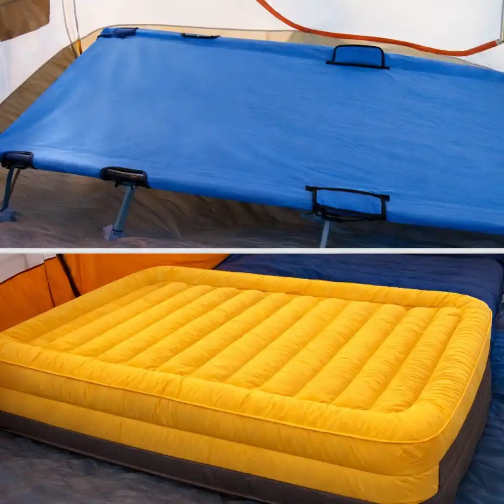 Blue camping cot vs yellow air mattress inside tent comparison