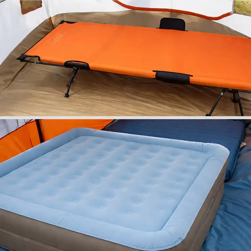 Bright orange camping cot vs blue air mattress inside tent
