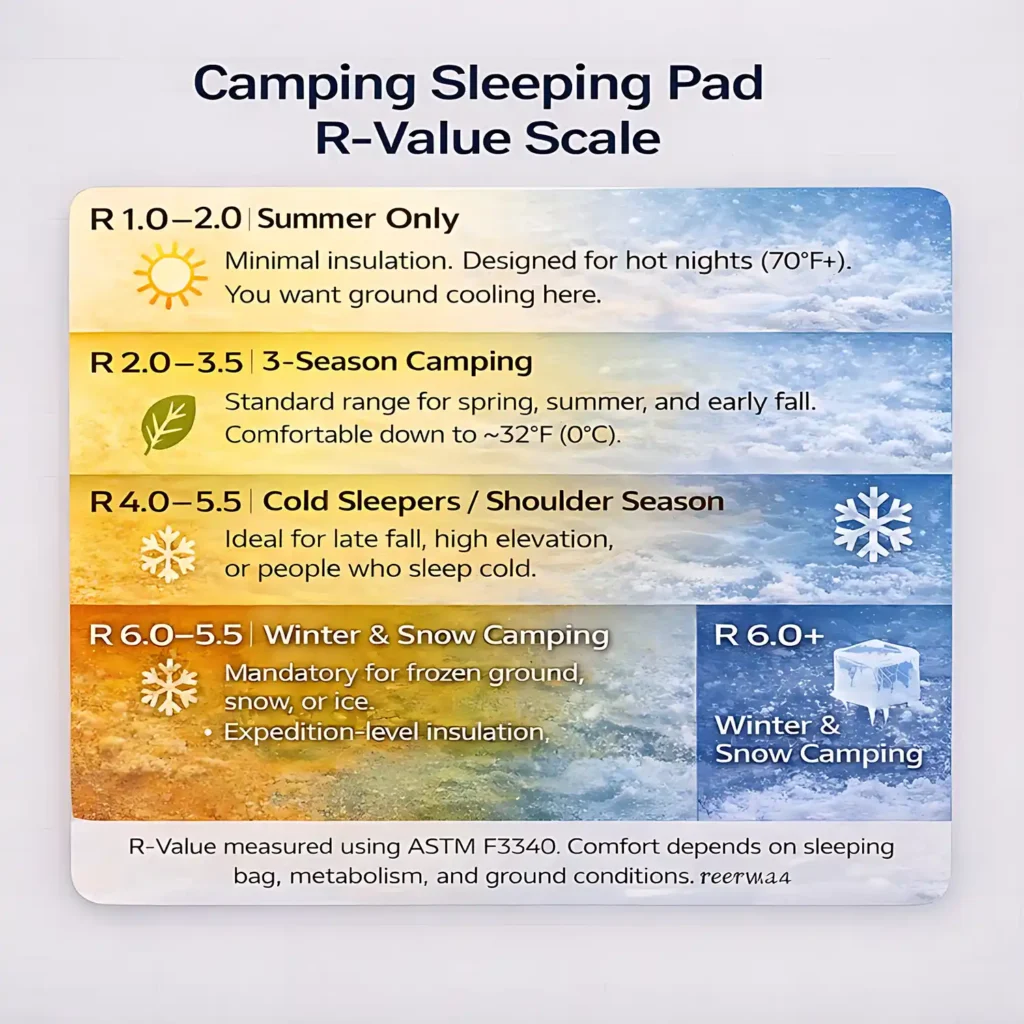 Camping sleeping pad R-Value scale showing insulation levels for summer, 3-season, and winter camping