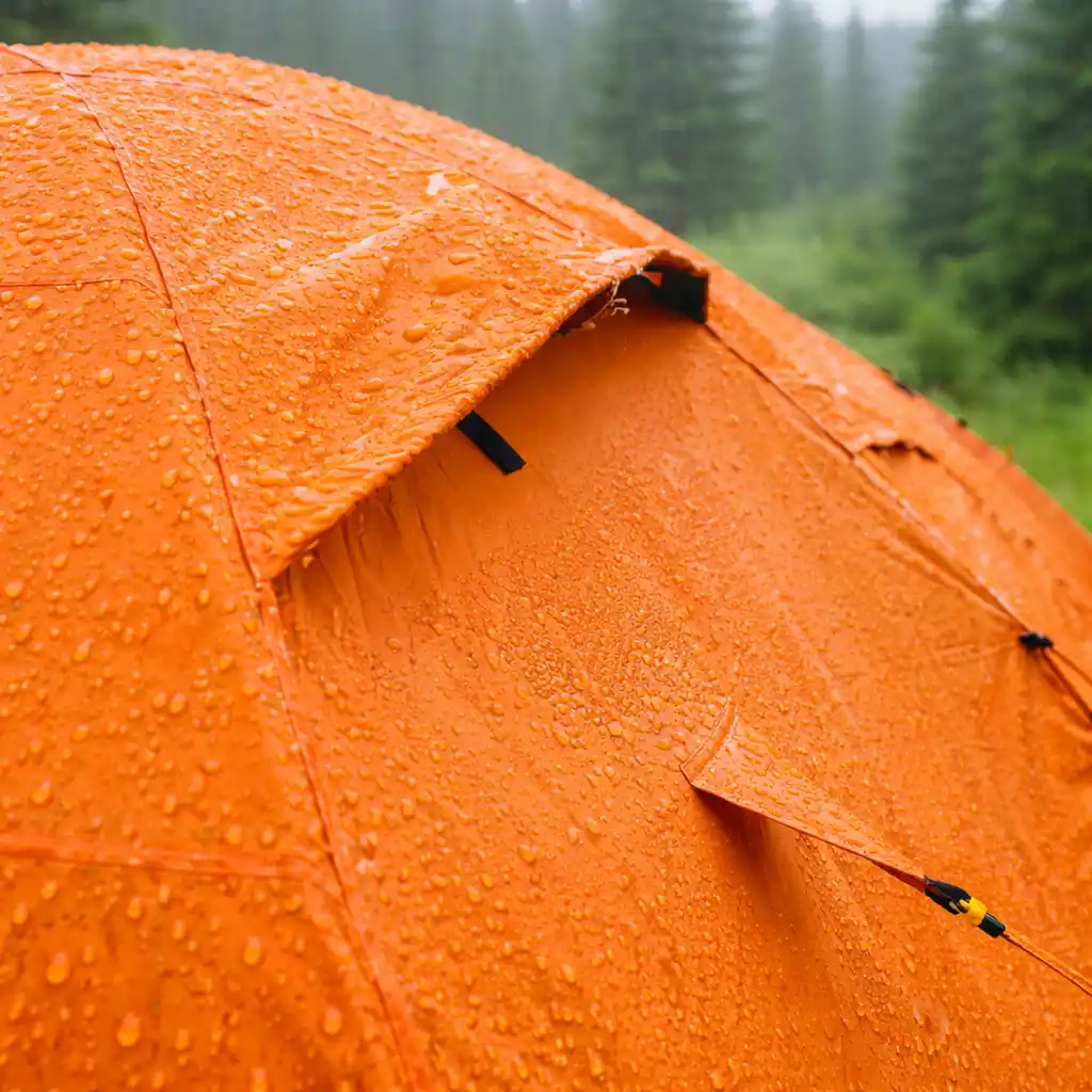 Close-up of an orange camping tent covered in raindrops, with a blurred forest background.