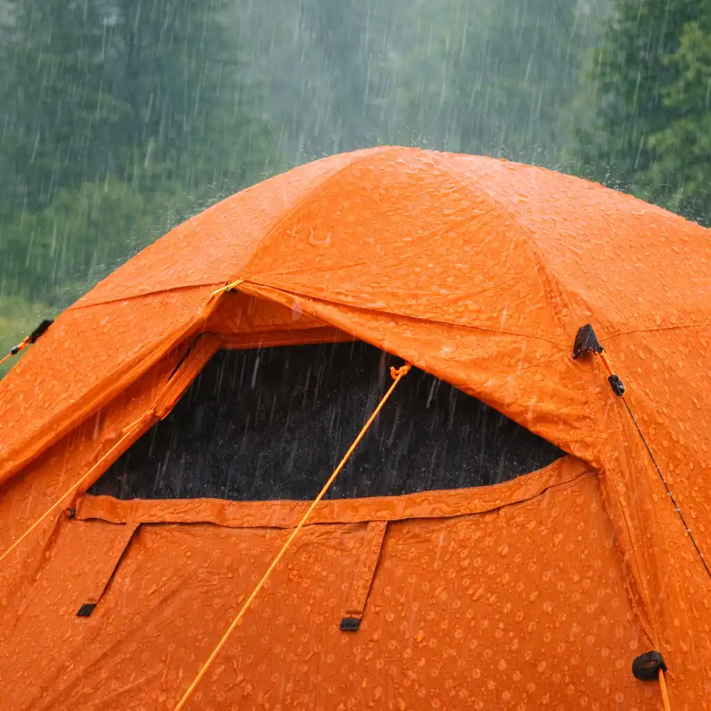 Close-up of an orange camping tent in heavy rain, with water droplets on the fabric and a blurred natural background