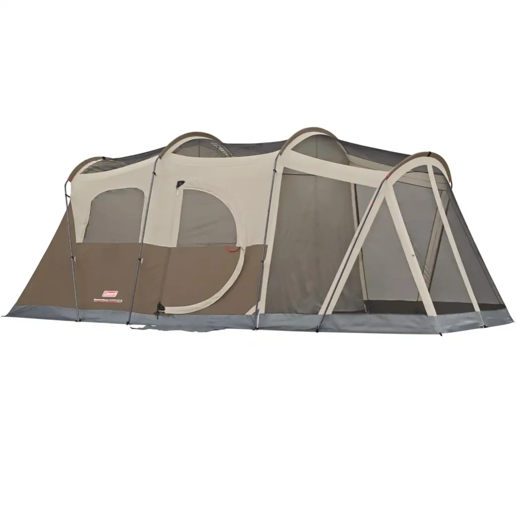 Coleman WeatherMaster 6 person family camping tent with rainfly in rainy campsite