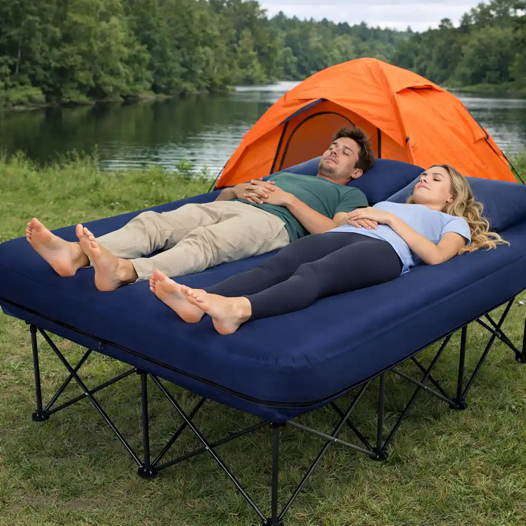 Couple resting on dark blue double camping cot by lake with orange tent