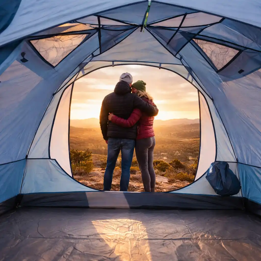 Couple standing inside a light blue tent, embracing while watching a golden sunset over a mountain landscape.