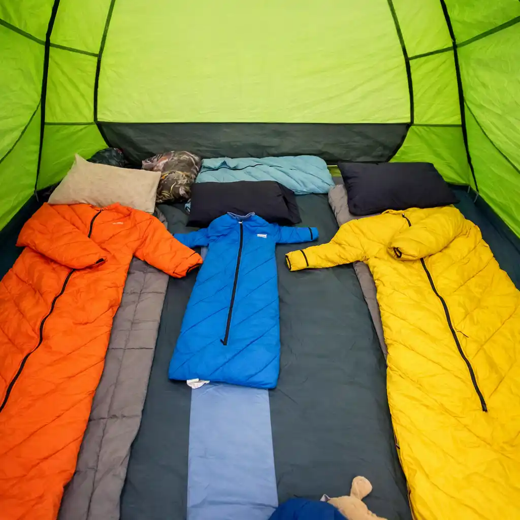 Three kids sleeping bags inside lime green tent