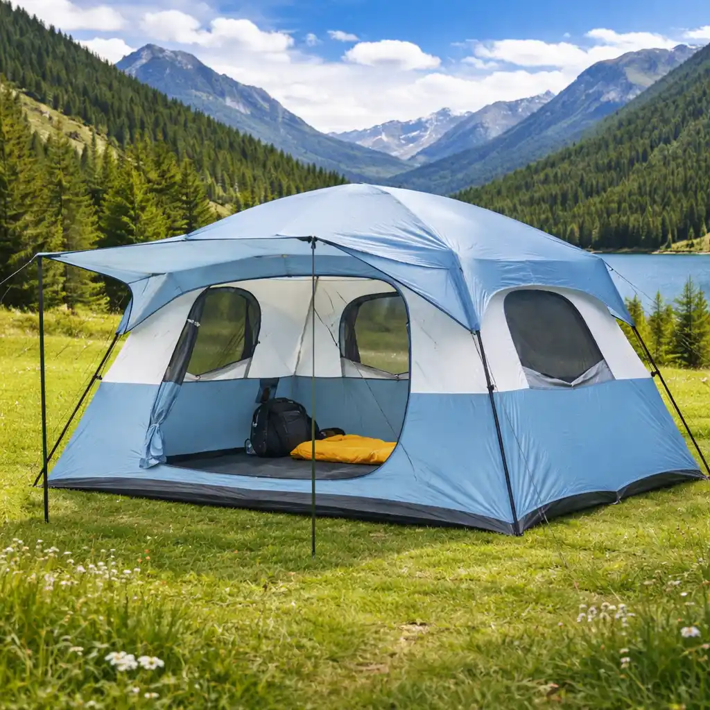 Light blue dome camping tent set up on green grass with a mountain lake and forested peaks in the background.