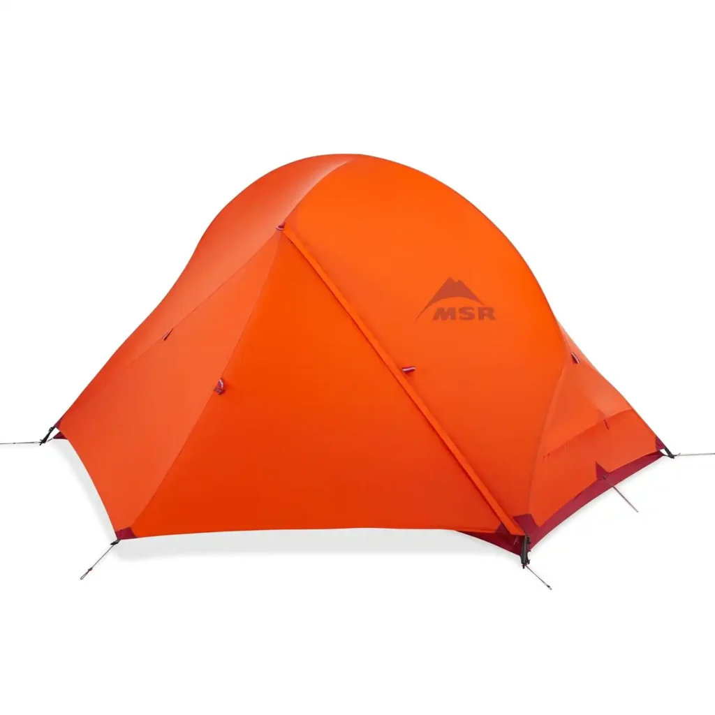 MSR Access 2 lightweight 4-season tent featuring unbreakable Easton Syclone poles for high-wind stability.