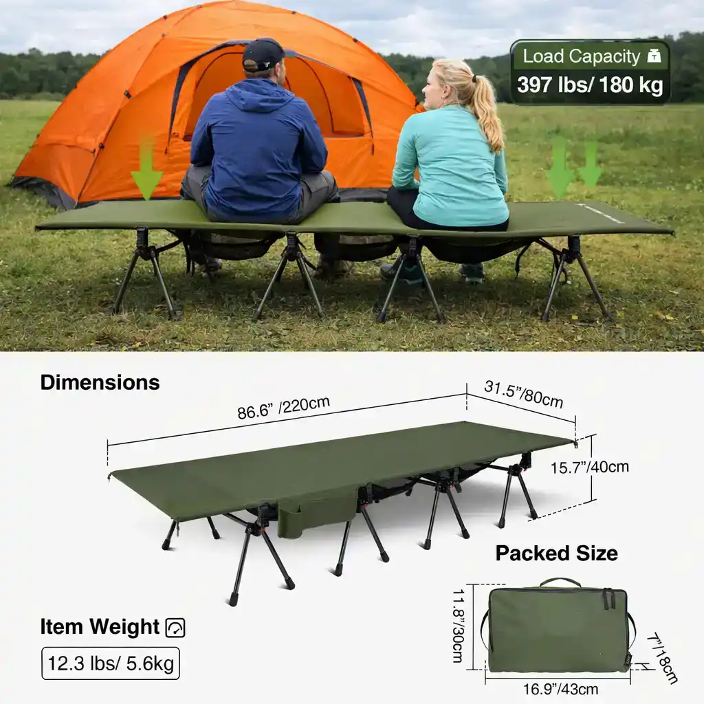 Man-and-blonde-woman-sitting-on-camping-cots-near-large-orange-tent-with-size-diagram-below