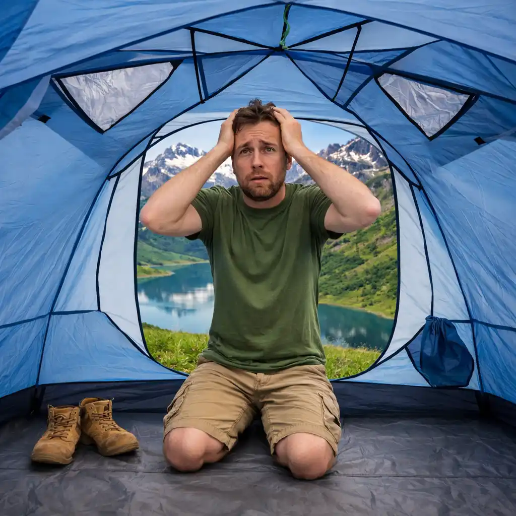 Man kneeling inside a light blue camping tent, holding his head in frustration, with a mountain lake visible through the entrance.