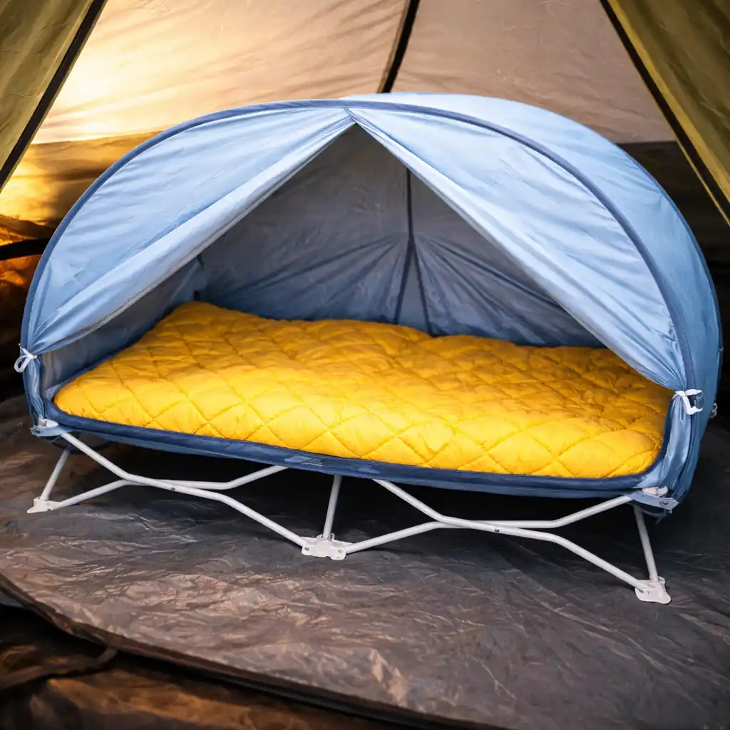 Portable toddler cot with blue canopy and yellow mattress inside camping tent.