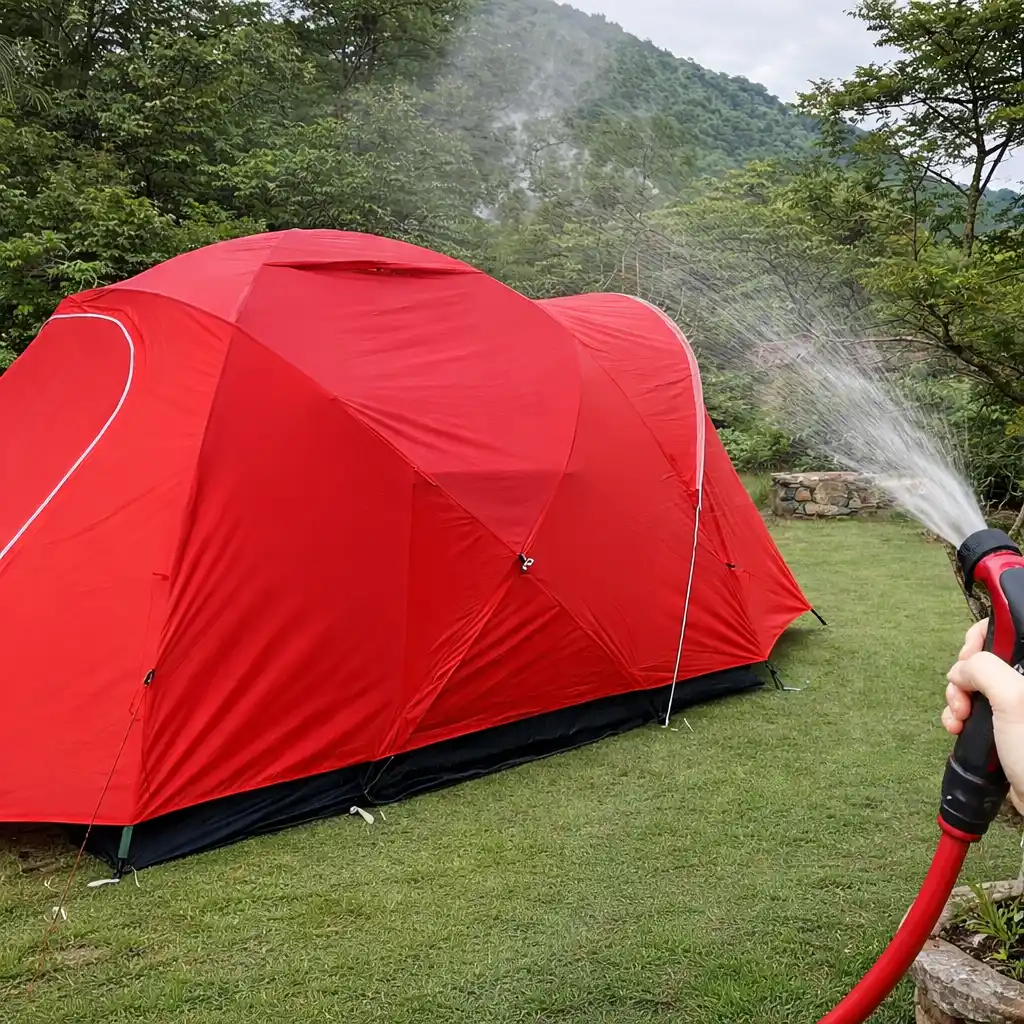 Red waterproof camping tent rain test with garden hose in forest — durable outdoor hiking shelter gear