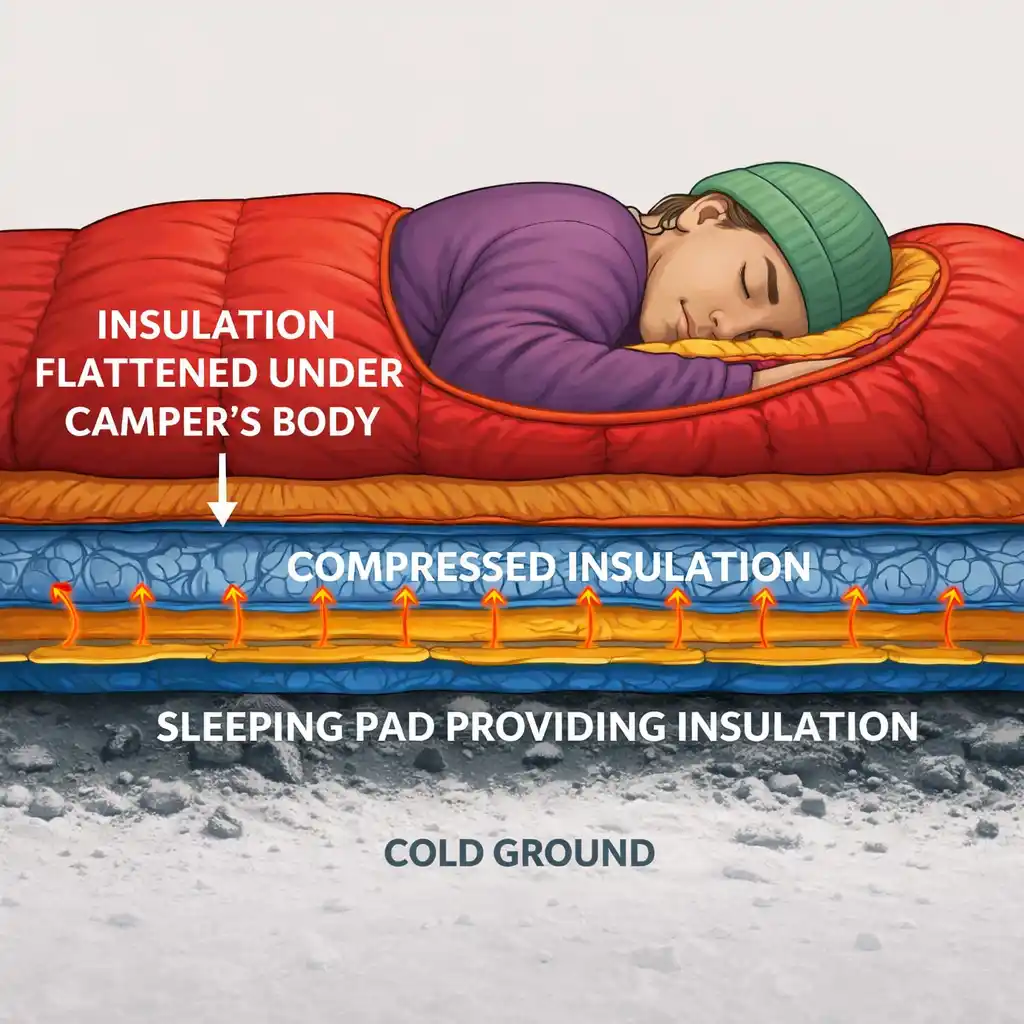 Sleeping bag insulation compressed underneath camper showing why R-Value matters more than sleeping bag