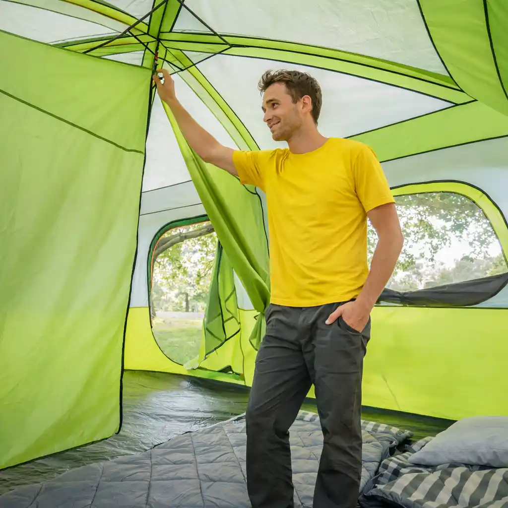 Tall camper standing comfortably inside a high-ceiling camping tent