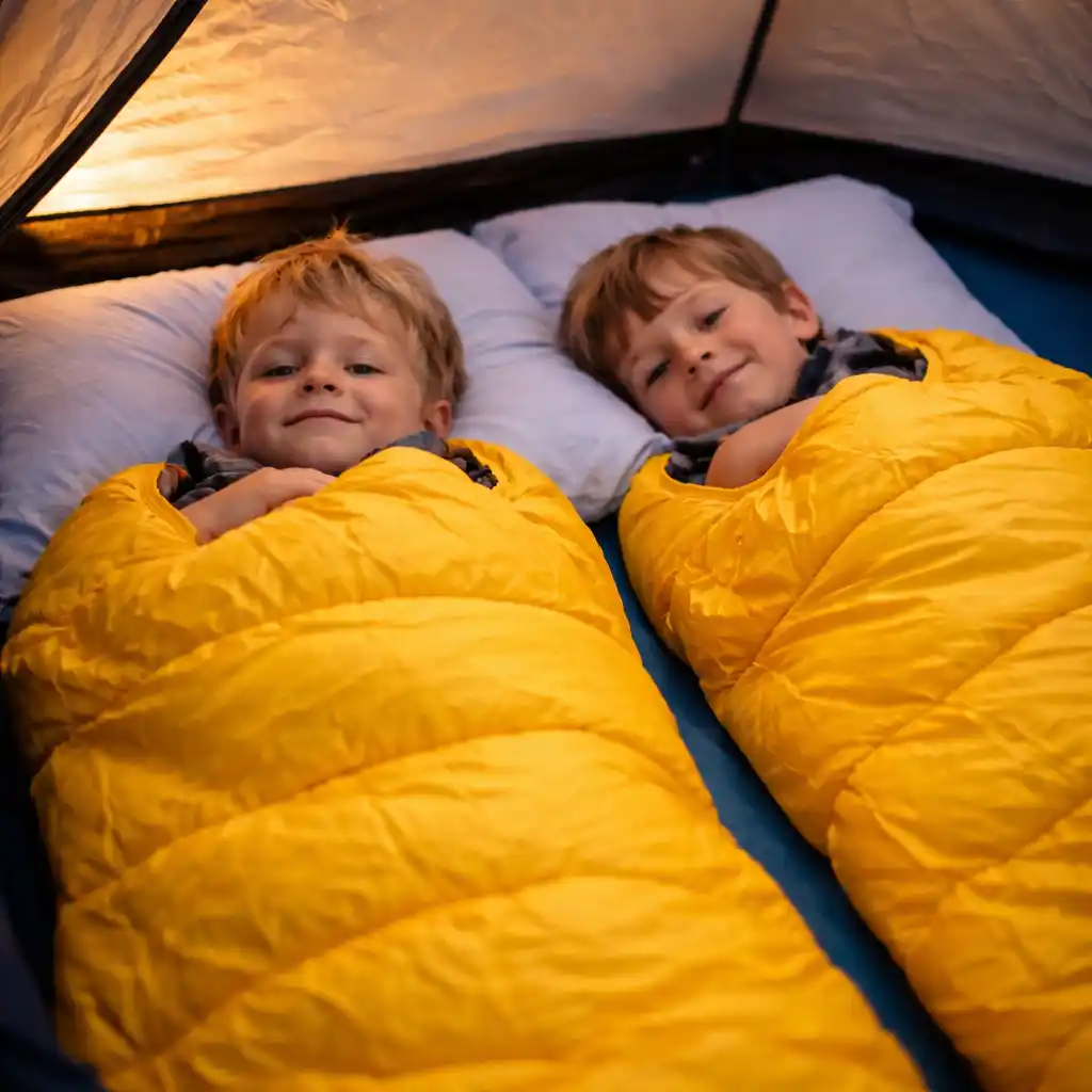 Two boys sleeping in yellow sleeping bags inside camping tent.