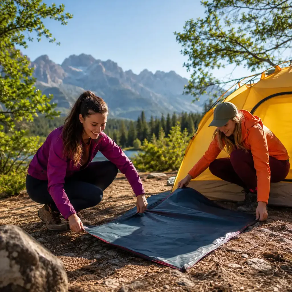 Two campers setting up a tent footprint on rocky ground beside a tent during a sunny mountain camping trip