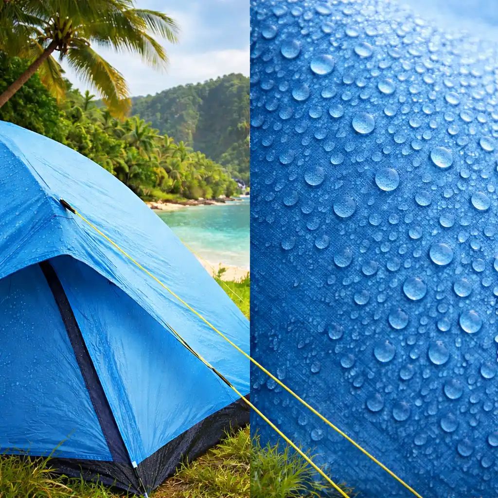 blue camping tent in tropical conditions with close-up of waterproof fabric and water droplets