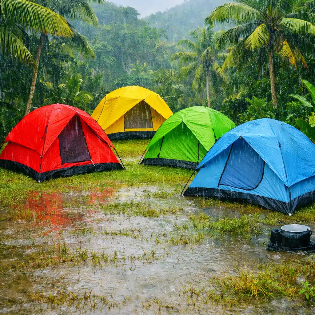bright colorful camping tents in tropical rain humid conditions condensation-resistant camping