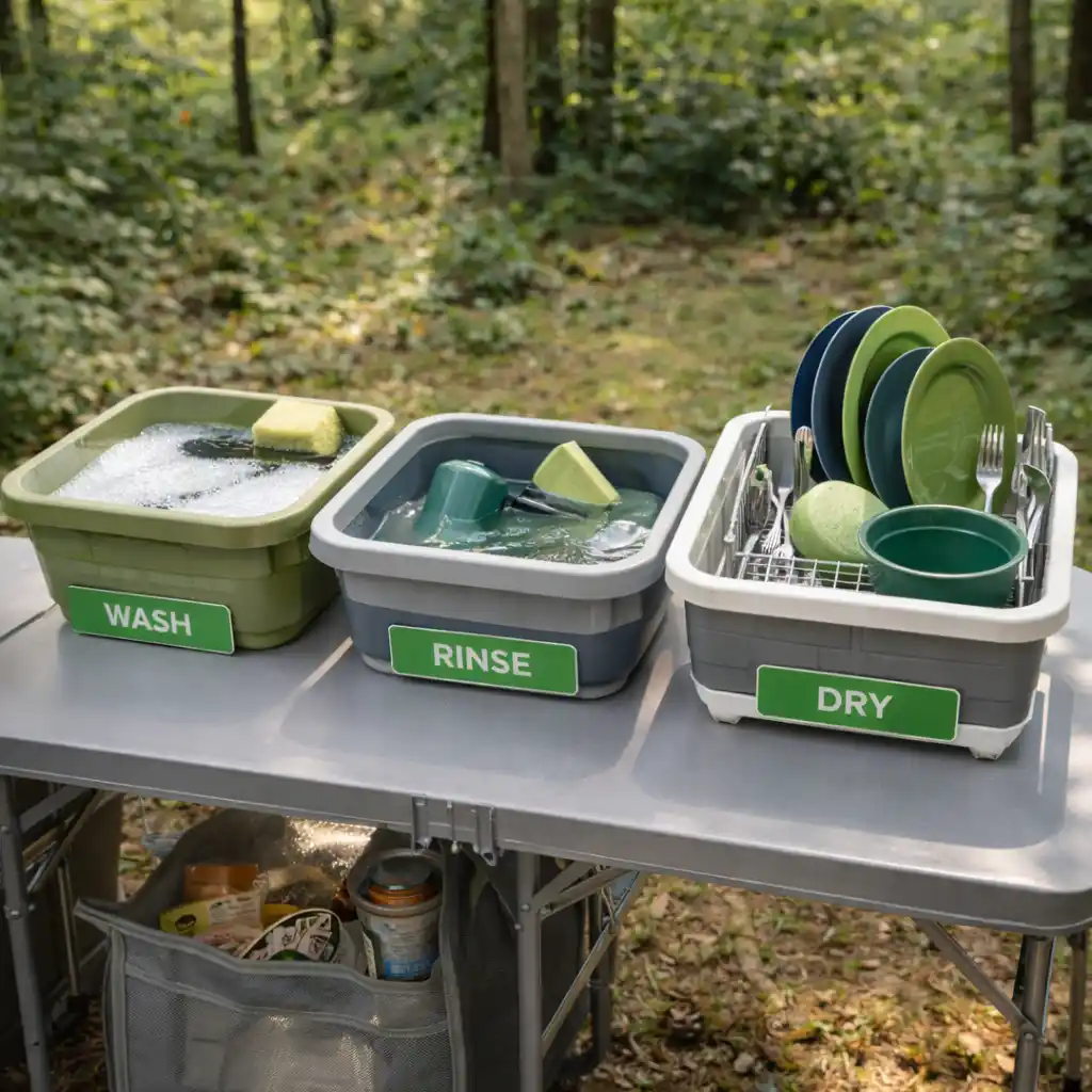 camp dishwashing setup with separate containers for washing rinsing and drying dishes