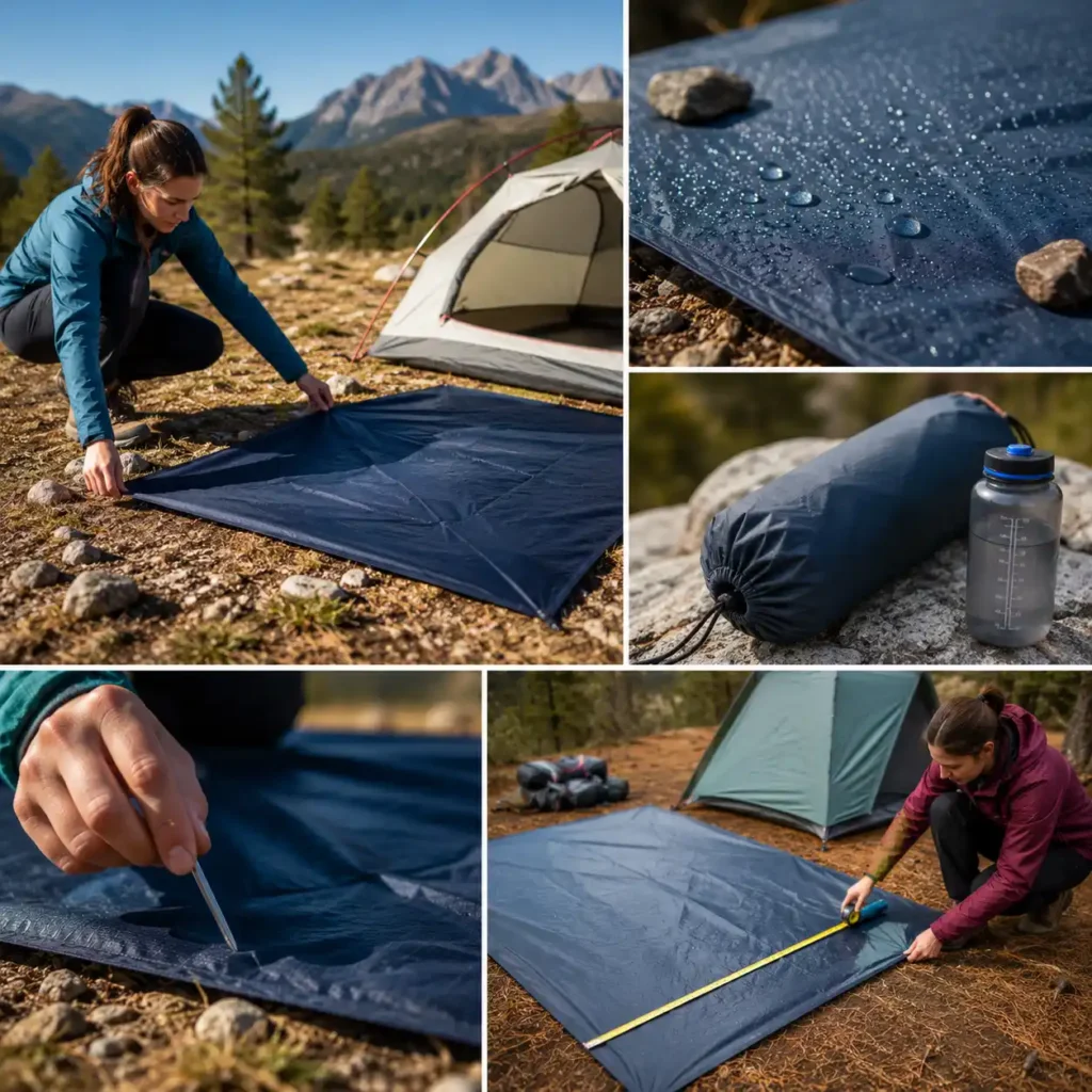 Field testing tent footprints on rocky terrain, wet ground, and forest campsites to evaluate durability, waterproofing, packability, and ground protection