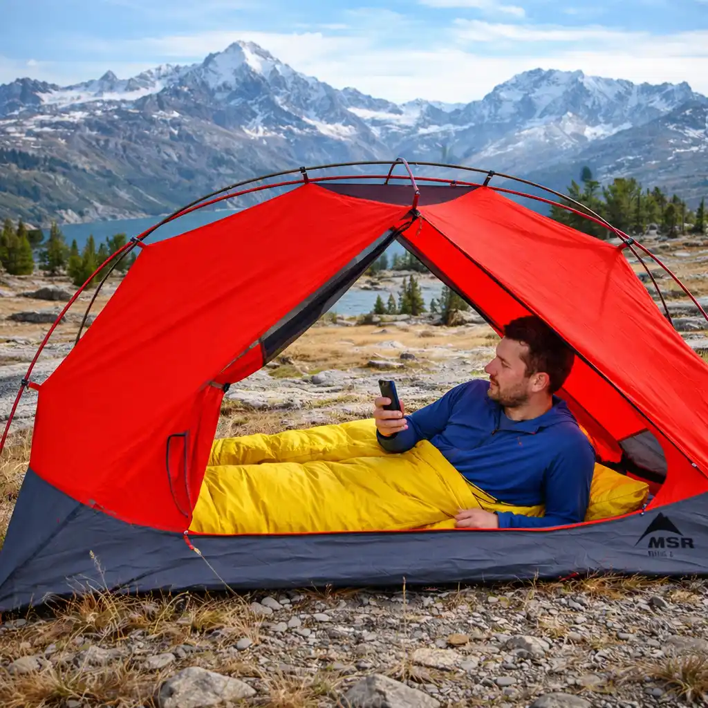 inside red camping tent with yellow sleeping bag overlooking mountain scenery