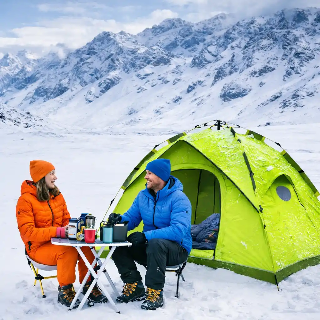 man in blue jacket and woman in orange winter gear camping beside lime green tent in snow