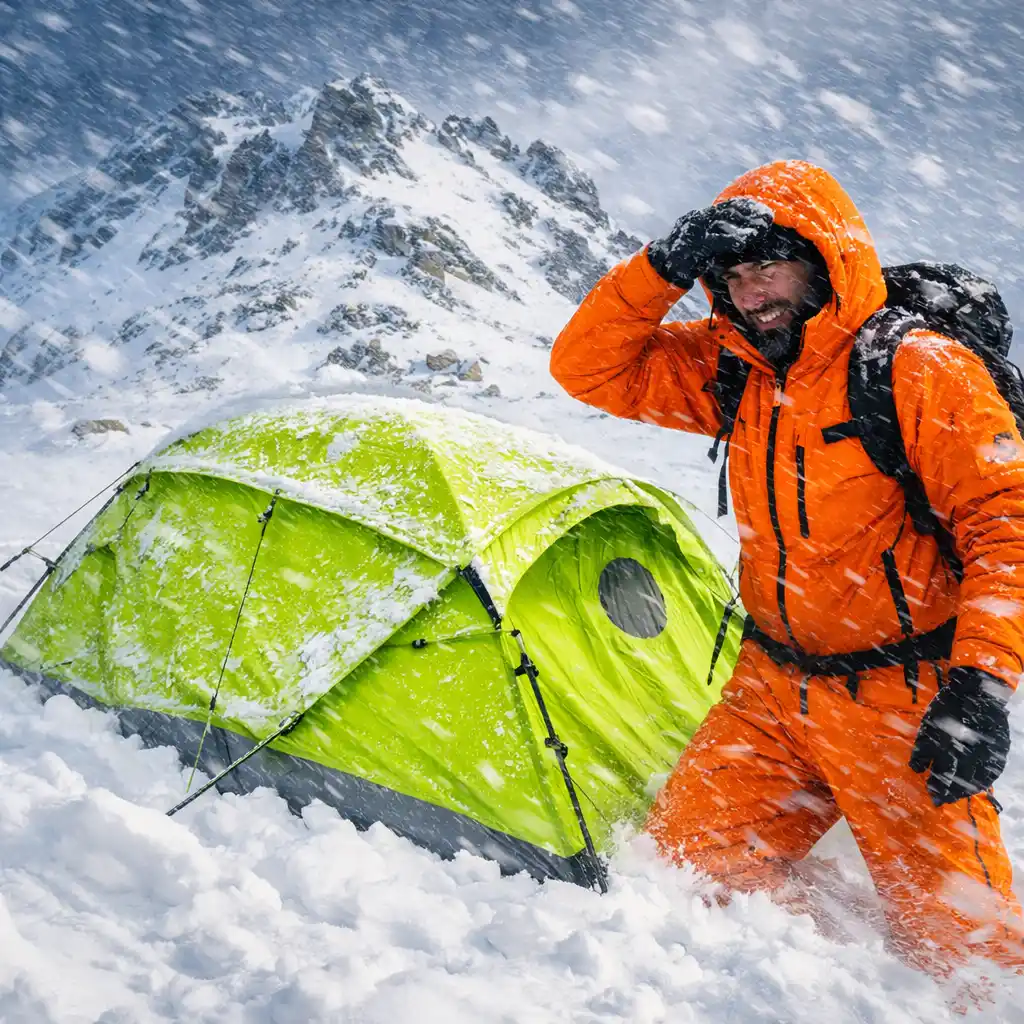 man in orange winter suit beside bright lime green 4-season tent in alpine snowstorm