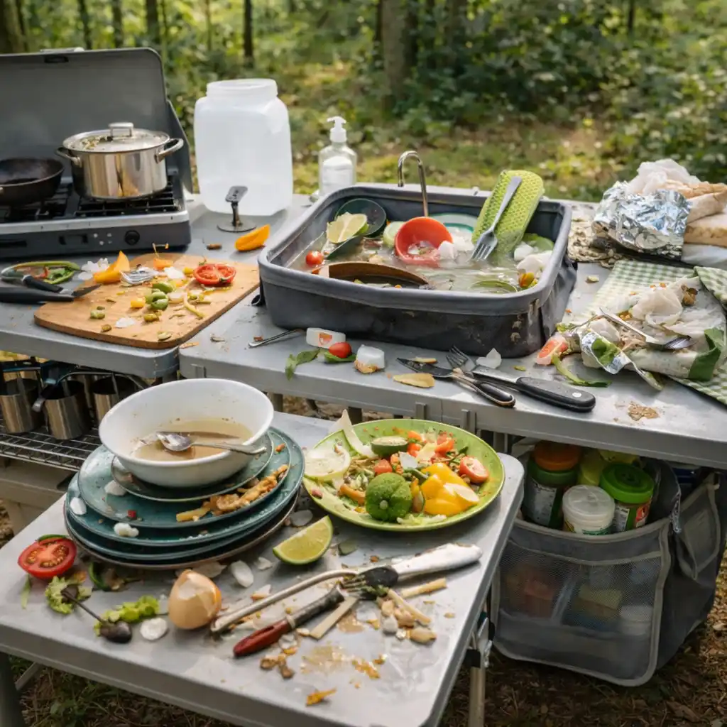 messy camp kitchen table with dirty dishes food scraps and mixed utensils