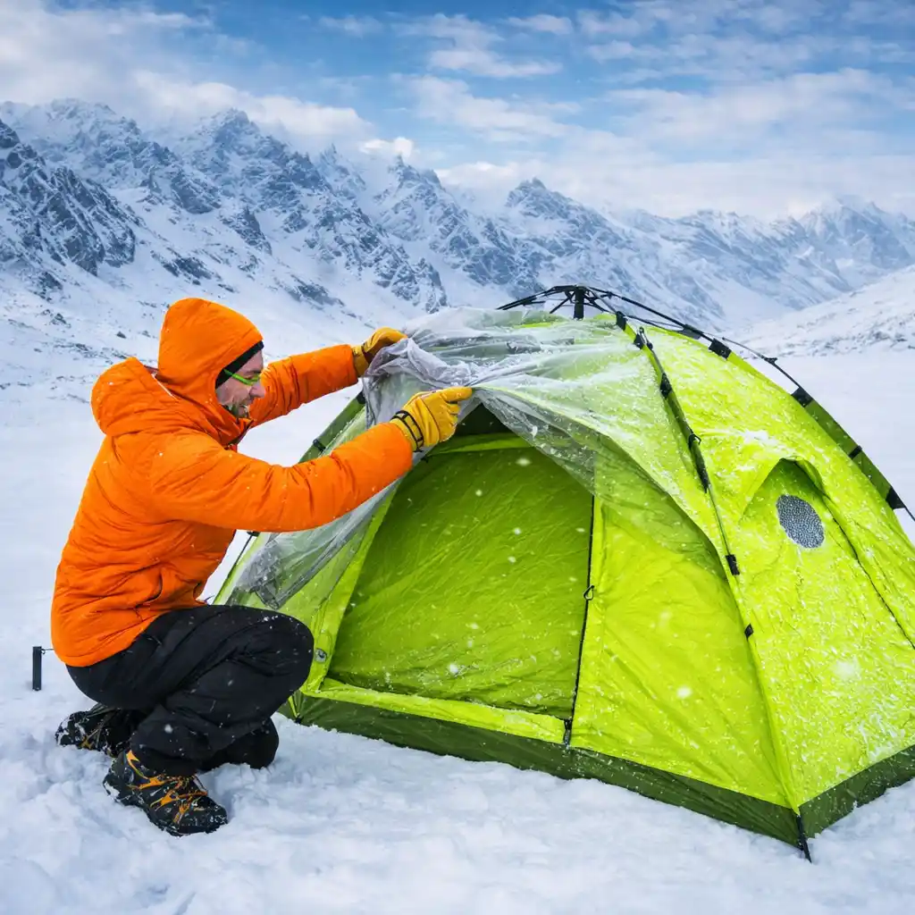 mountaineer adjusting rainfly on bright lime green 4-season tent in snowy alpine conditions