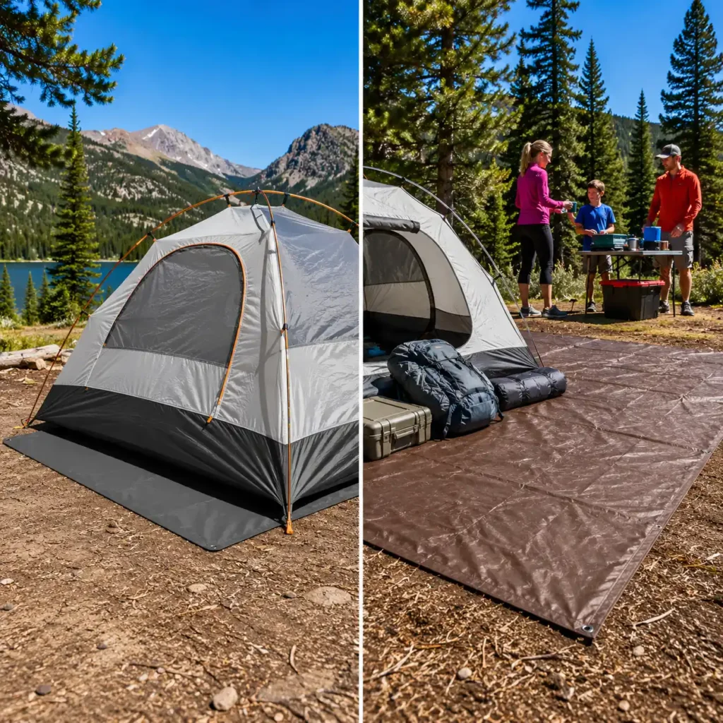 Side-by-side comparison of a tent footprint and a large ground tarp at a campsite, showing differences in size, coverage, and intended use beneath a camping tent