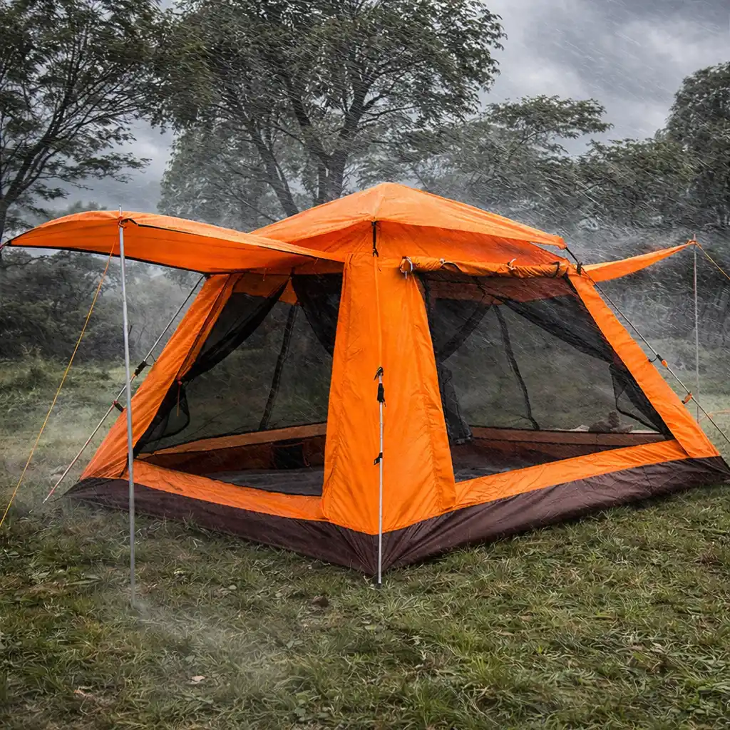 tent pitched on exposed campsite in strong wind showing guy lines and taut fabric