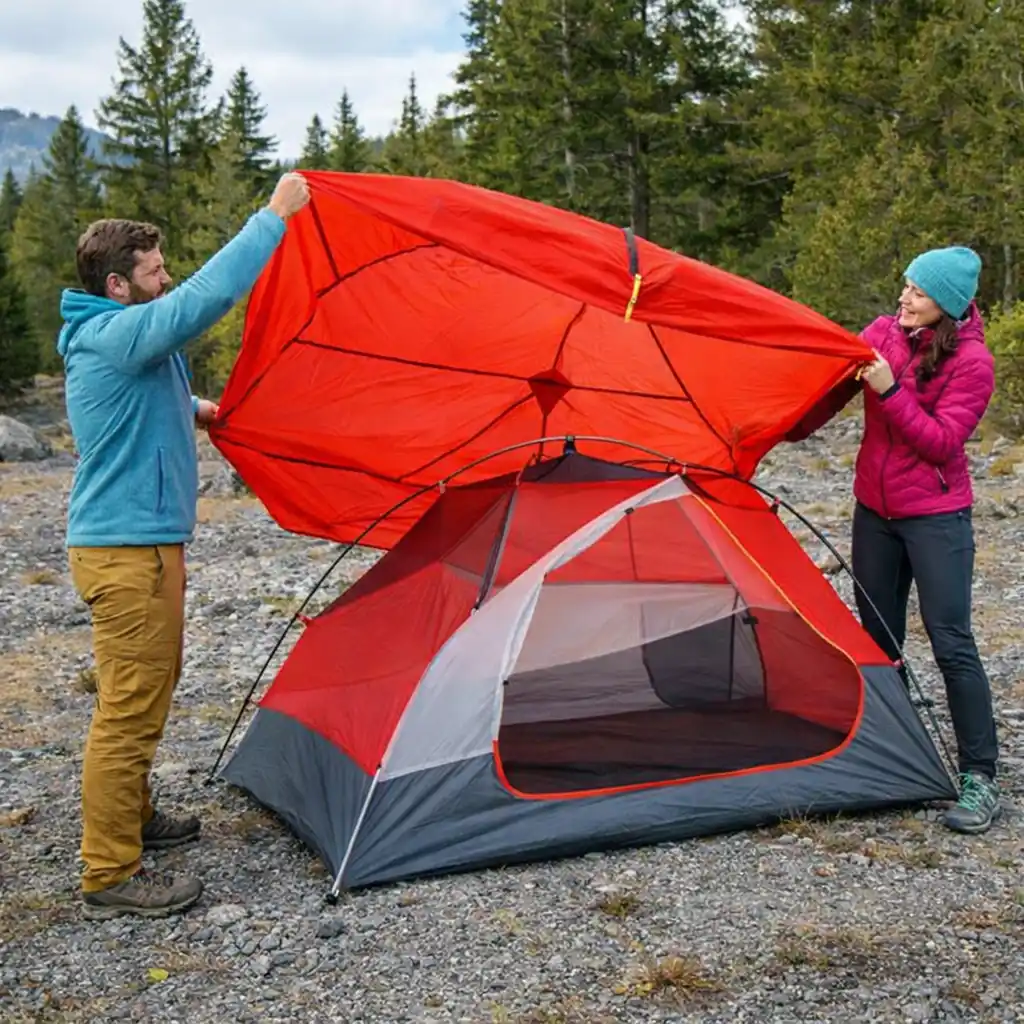 two campers setting up bright red camping tent in mountain forest landscape
