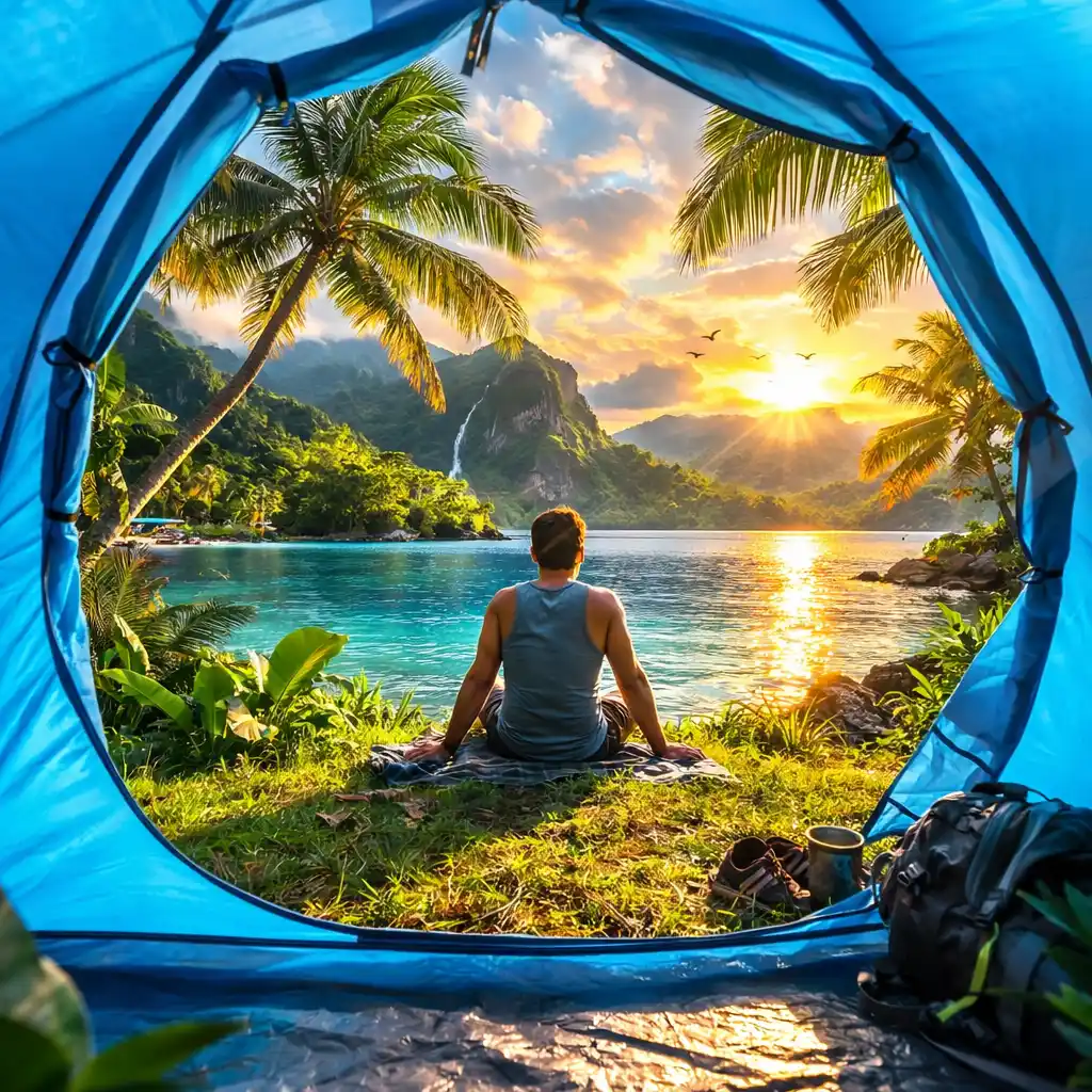 view from inside blue camping tent overlooking tropical beach and turquoise water