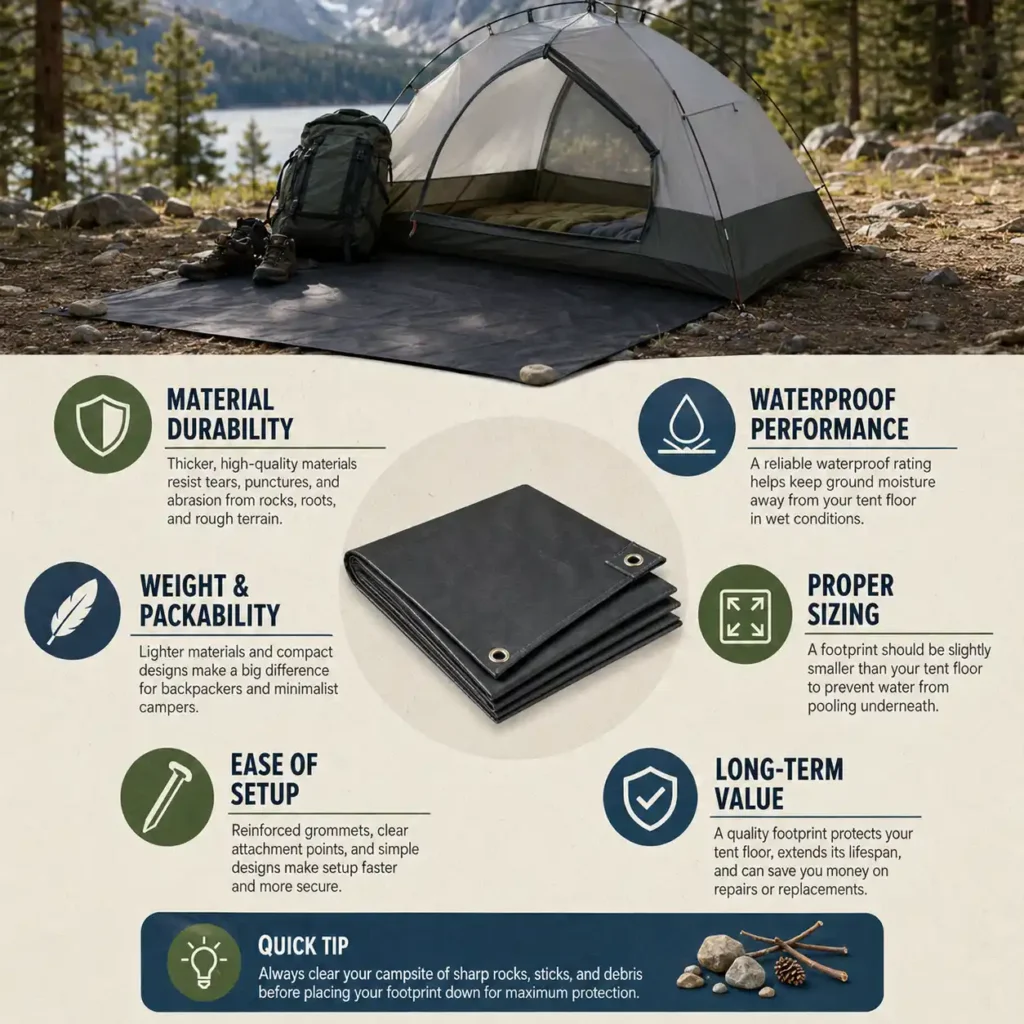 Camping tent set up on a protective ground tarp with visual examples of durability, waterproofing, packability, sizing, and long-term tent floor protection