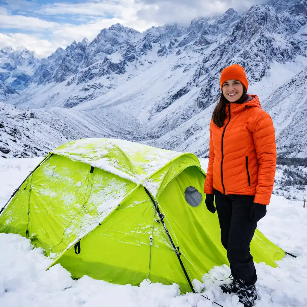 woman in bright orange jacket next to lime green 4-season tent in snowy mountain conditions