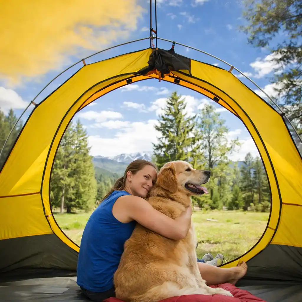 woman relaxing inside a bright yellow camping tent with a golden retriever on a warm summer day