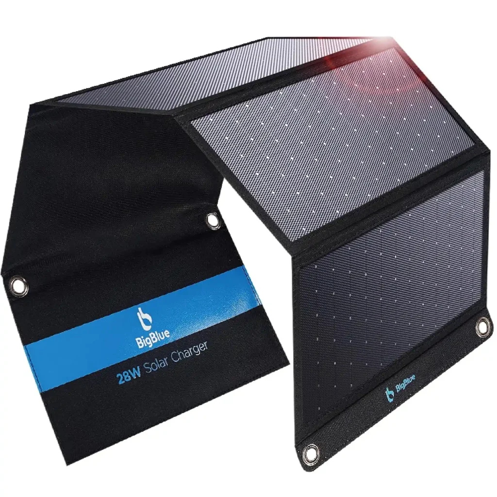 BigBlue 28W ultralight portable solar phone charger with triple USB ports and waterproof fabric for hiking and camping.