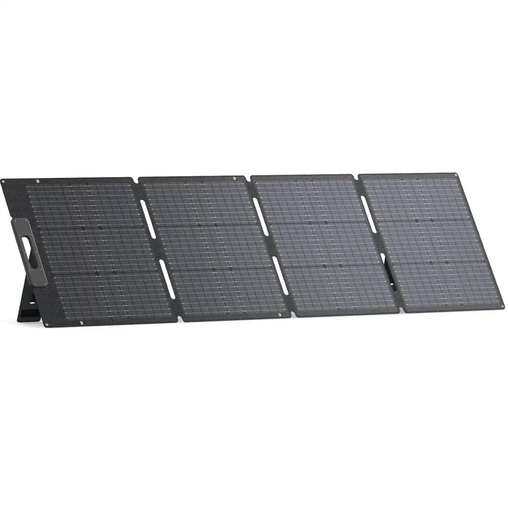 Bluetti PV200 200-watt portable solar charger with 4-panel folding design and ETFE coating for large power stations.